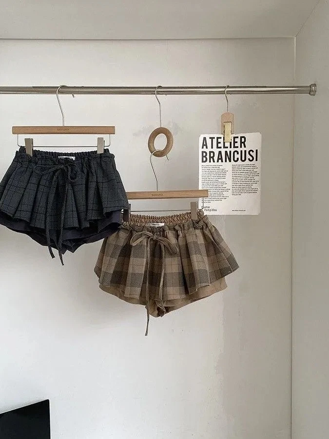 High Waist A-Line  Skirt Women's Plaid Design Sensation Belt Anti-Light Cake Skirt College Style Slimming Short Skirt