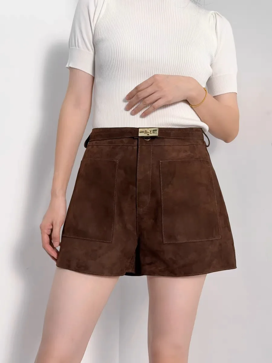 Retro fashion New Arrival 2025 Genuine Kid Suede Sheepskin Leather Shorts Women Casual Genuine Leather Shorts Sashes