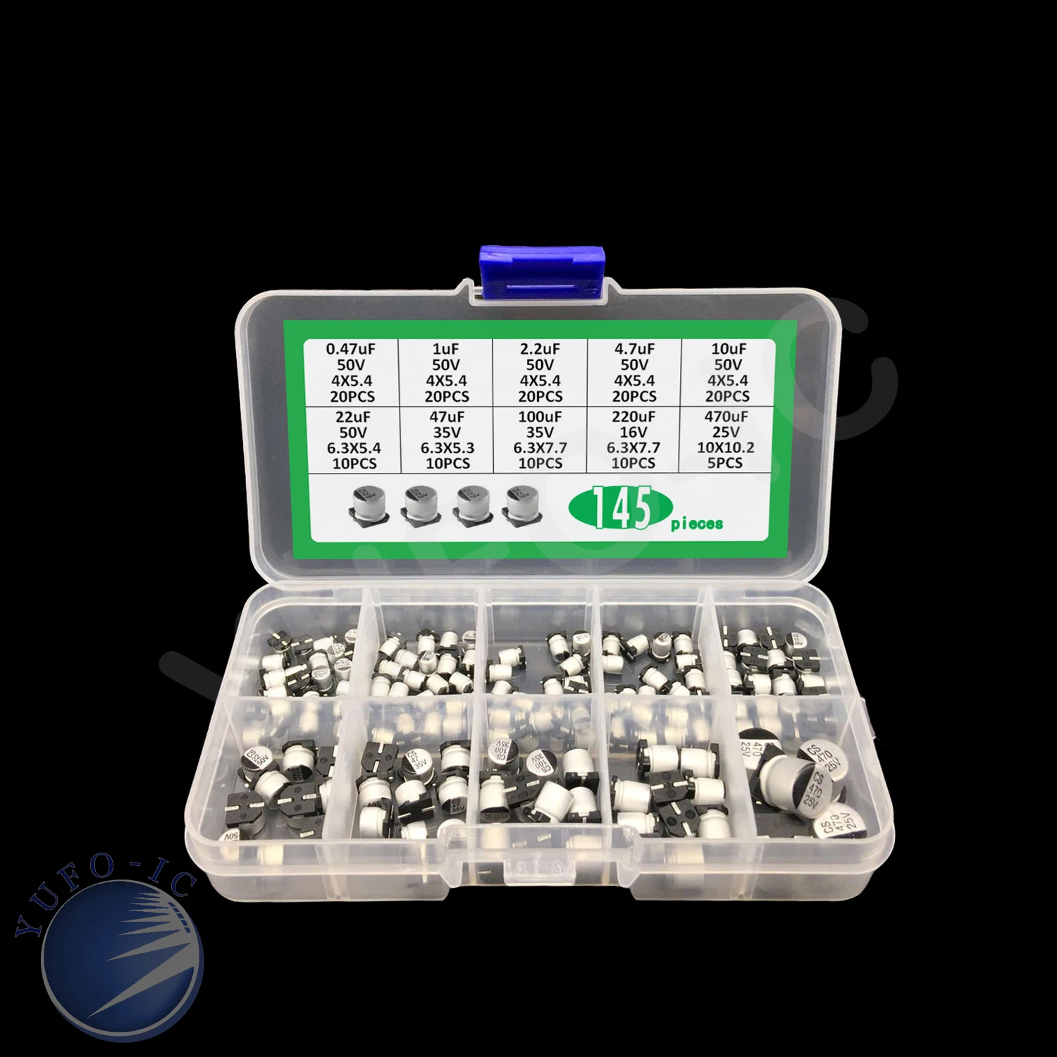 1 caixa 10 valor 145 peças kit de capacitor eletrolítico de alumínio mix 10v 25v 35v 0.47uf 1uf 2.2uf 4.7uf 10uf 22uf 47uf 100uf 220uf 470uf