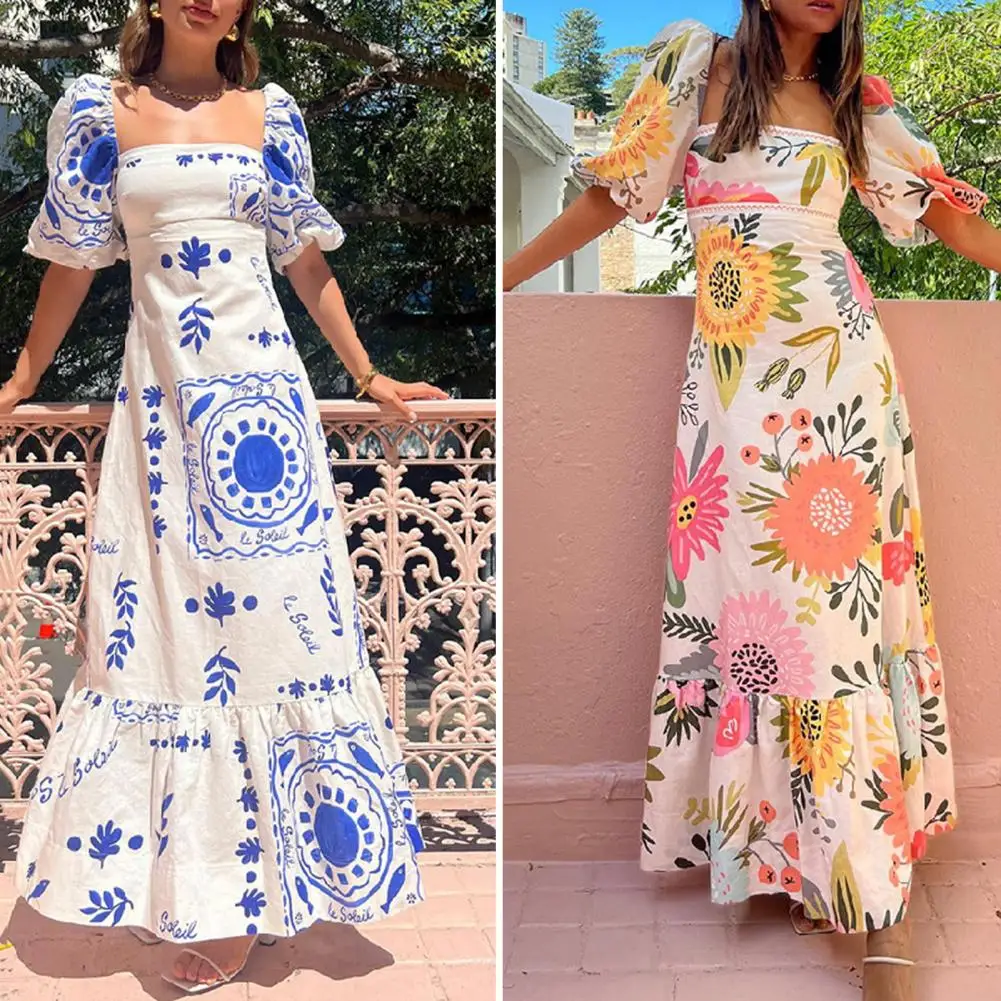 Vestido maxi estampado floral, decote quadrado, mangas de lanterna, silhueta em linha A para férias, baile ou festa, largo, quadrado