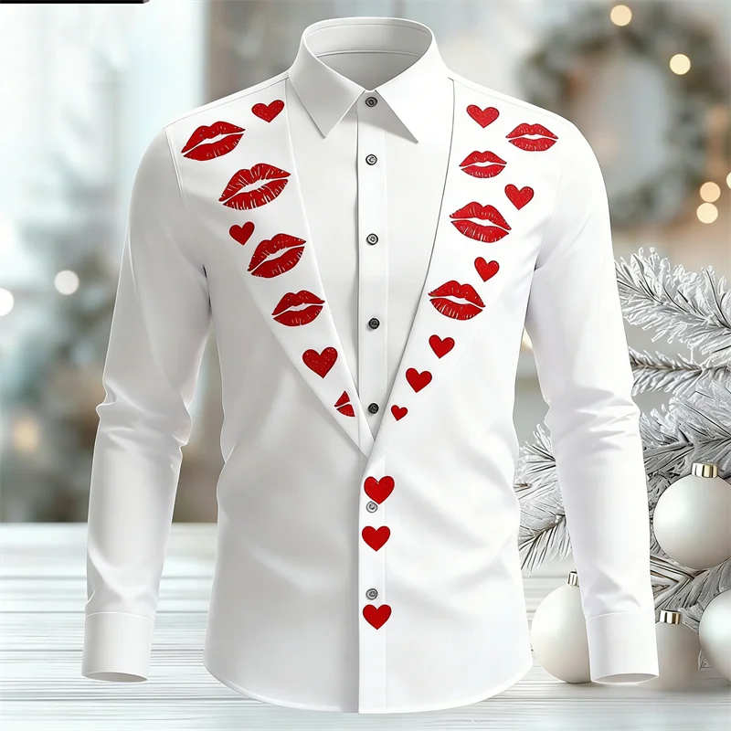 

Новая мужская рубашка с длинными рукавами и 3D-печатью с рисунком сердца, мужской повседневный топ высокой четкости на пуговицах с лацканами