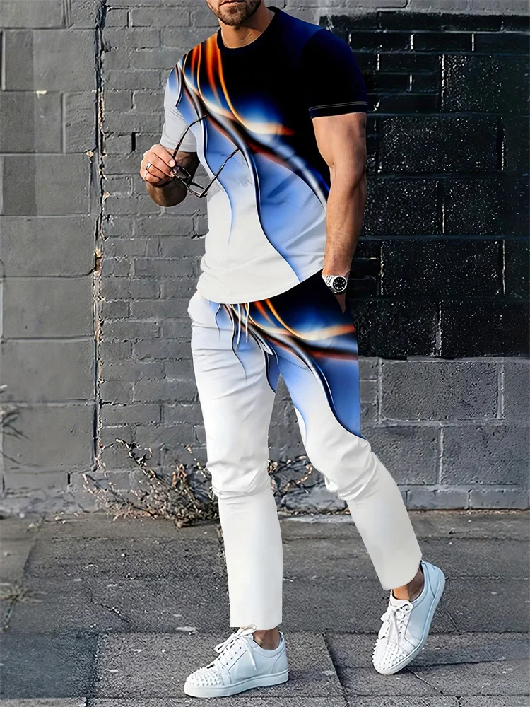 

Простой текстурный принт, мужская летняя мода, повседневный топ с круглым вырезом, футболка и брюки, уличная мода, трендовые мужские топы и брюки