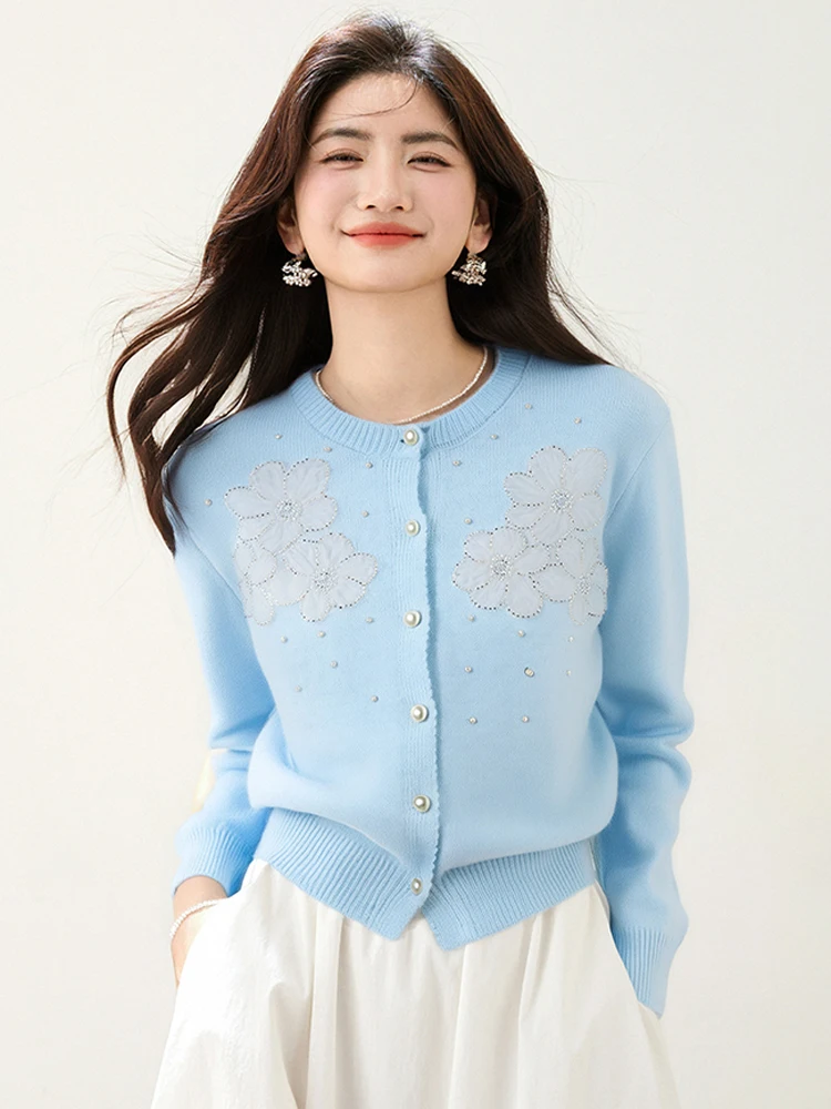 

Korean Fashion Sweet Bead Sweaters Single-Breasted Cardigans For Women's Elegant Long Sleeve Casual Knitwear Female Clothing