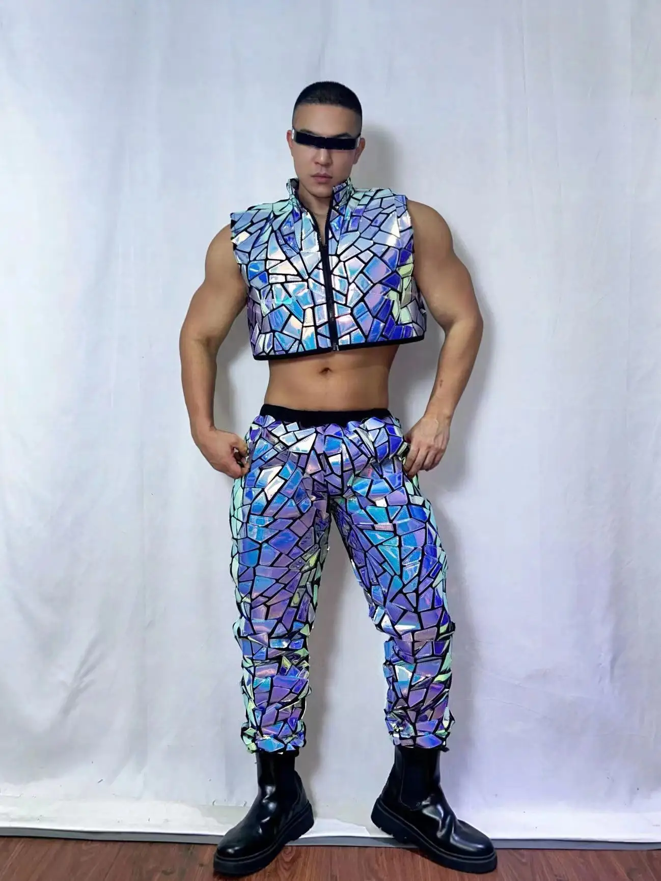 Trajes de baile de hip hop con Espejos azules, trajes de baile de Jazz, escenario, espectáculo, fiesta, actuación, club nocturno, cantante masculino, DS, DJ, gogo