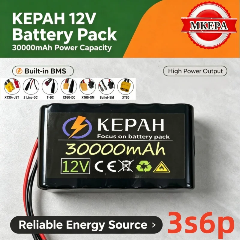 18650 Lithium‑ion Battery Pack lpega 12V 3S6P 30Ah With 40A BMS DC5521 Port 400W For Motorcycle Lamp