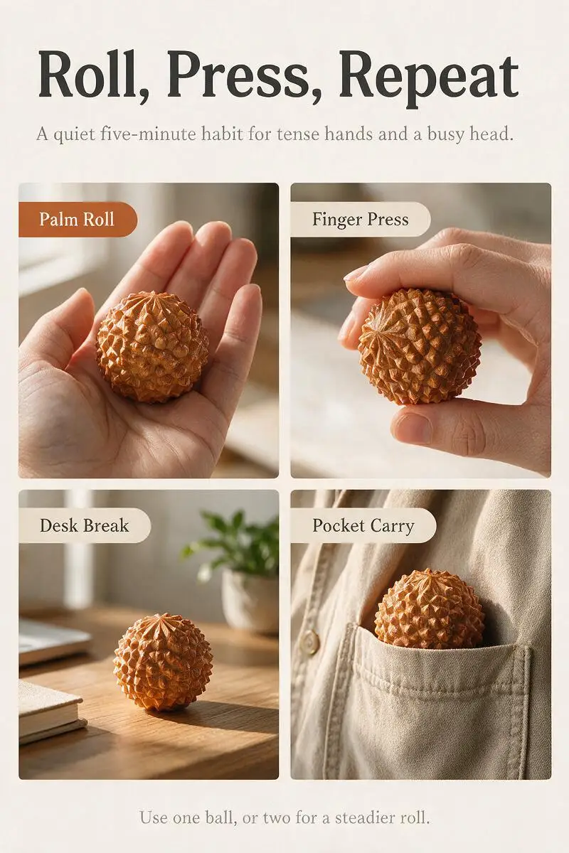 2PC Thuja Holz Hand Massage Ball Durian Fitness Handball Hand Ausübung Yoga Meditation Therapie Stress Druckentlastung Werkzeug – Detail 5