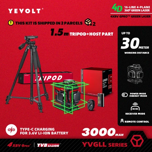 YEVOLT 레이저 레벨 삼각대 포함, TP-YVGLL4XS16 시리즈 그린 4 면 16 라인 셀프 레벨링, 3.6V 파워 4D 360 측정 도구 