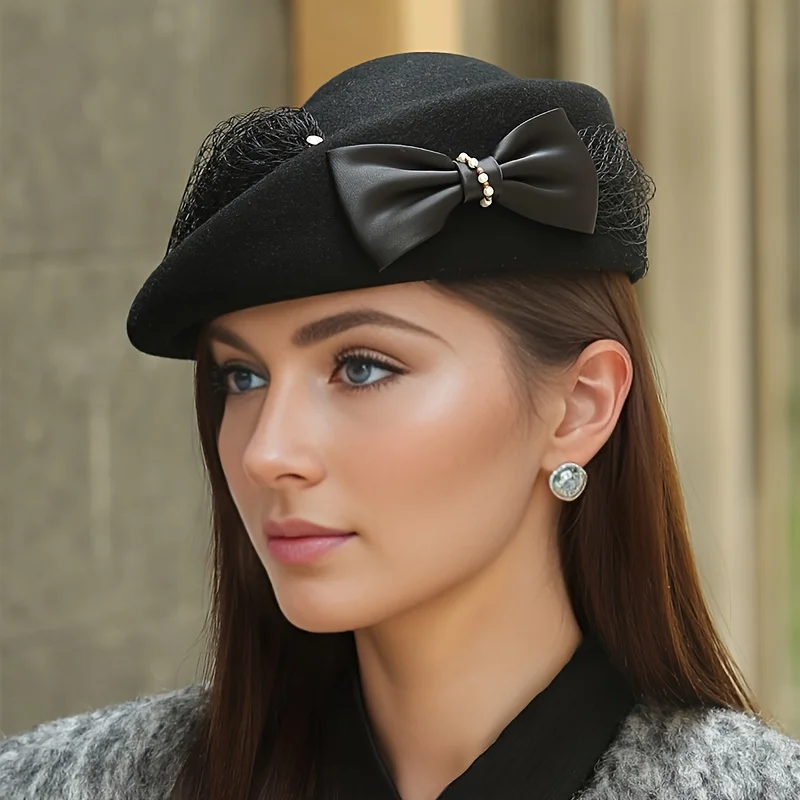 

Women's Lightweight Beret Hat Mesh Bow British Retro Painter Style Elegant Headwear Woman Fascinator Hats