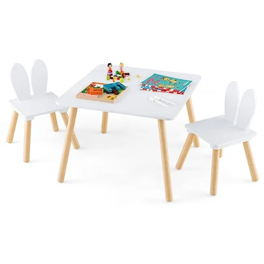 

Table and Chair Set 3 Pieces Wooden Activity Table with 2 Rabbit Shaped Chairs Solid Wood Legs Space-saving Design White Toddle
