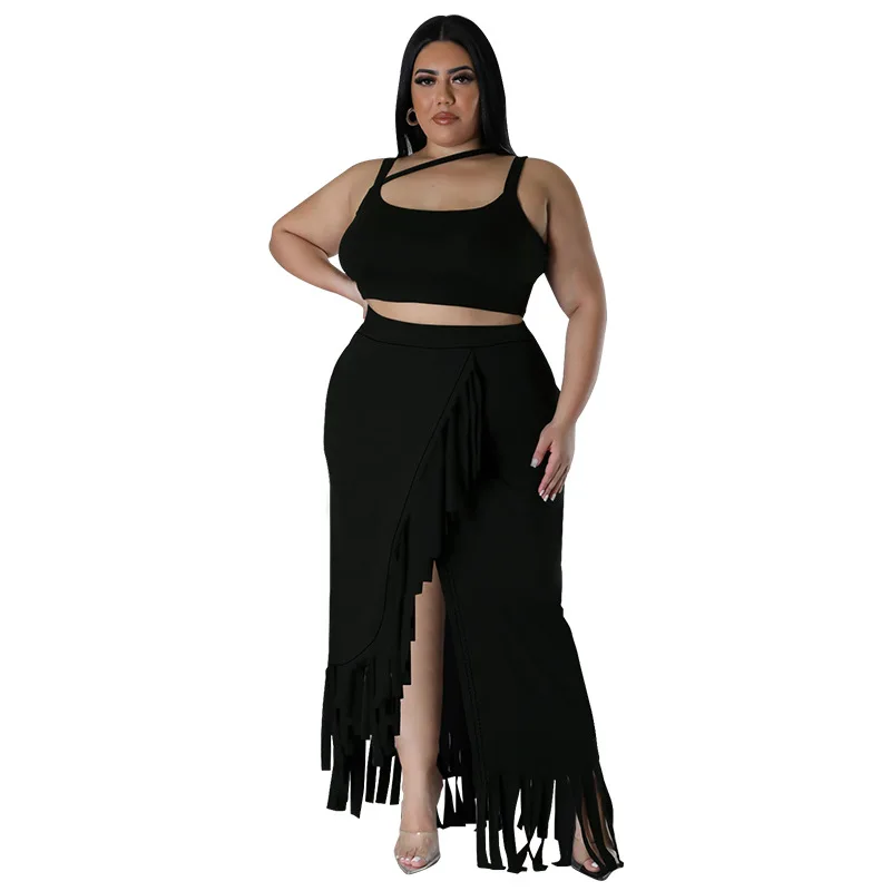 Plus size Women Tassel Irregular Sleeveless Top Skirt Suit Sexy Lady Split High Waist Skirt Club Casual Two Piece Set