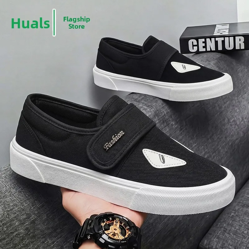 Men's Canvas Shoes Slip-On Soft Bottom Breathable Versatile Magic Tape Casual Sports Fashionable Korean Style Outdoor Leisure...