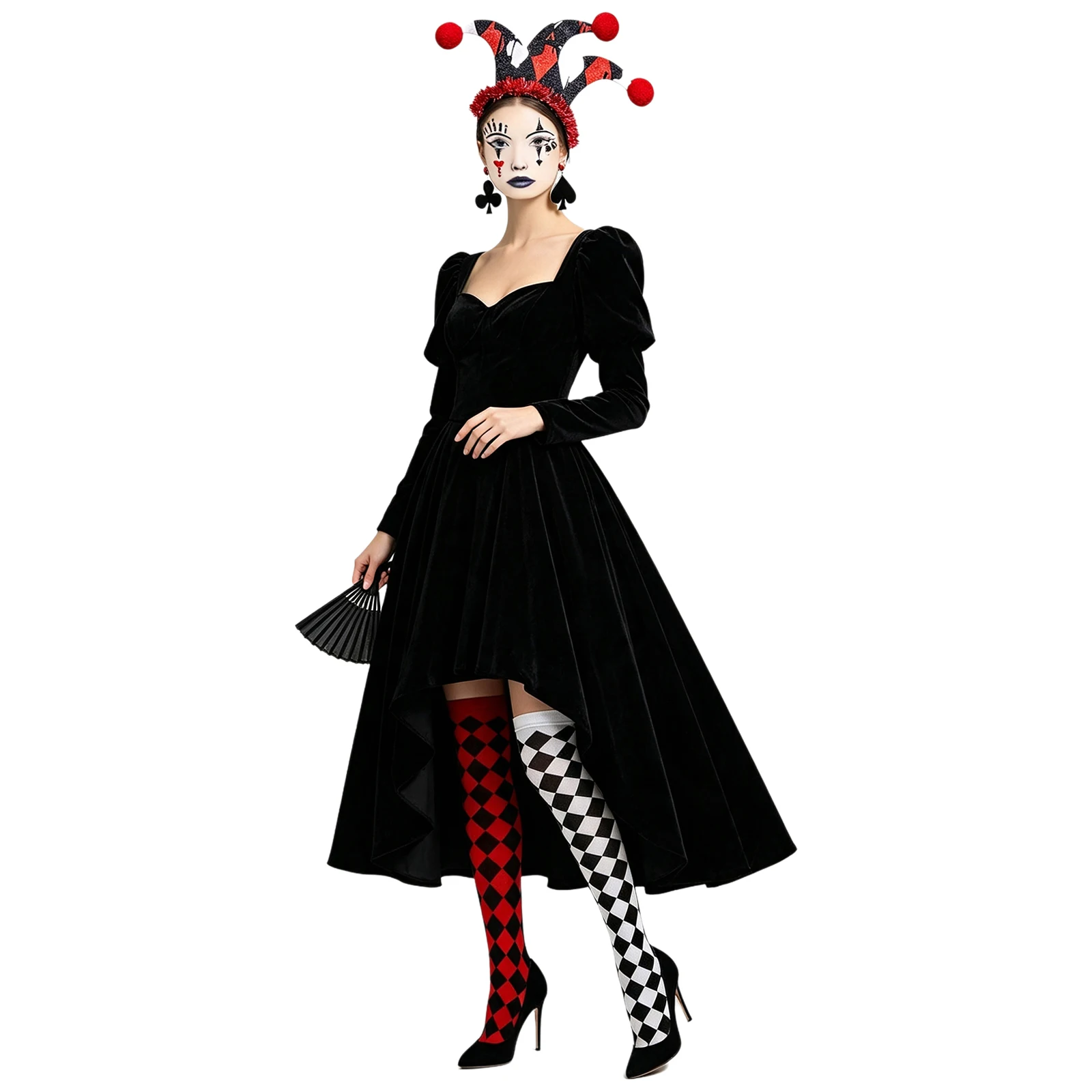 Women Clown Costume Props Accessories Set Color-blocked Stockings Hair Hoop Earrings And Tattoo Sticker for Halloween Cosplay 2