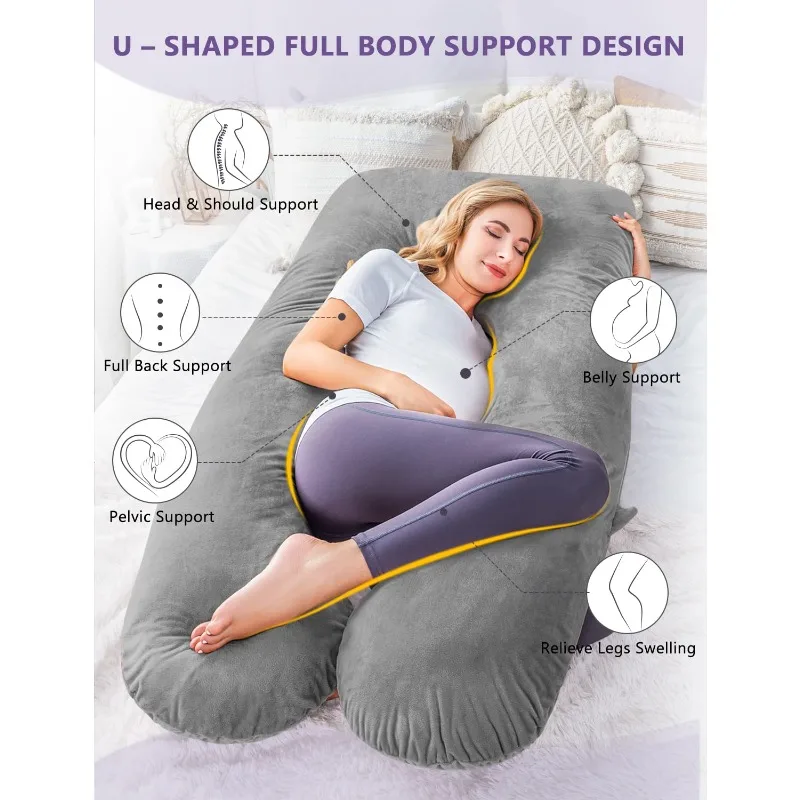 Pregnancy Pillow, U Shaped Pregnancy Body Pillow with Zipper Removable Cover (Gray- Velvet)