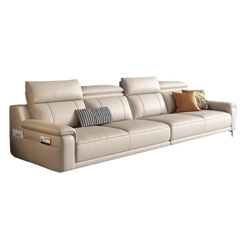 

French leather sofa, minimalist modern living room straight sofa