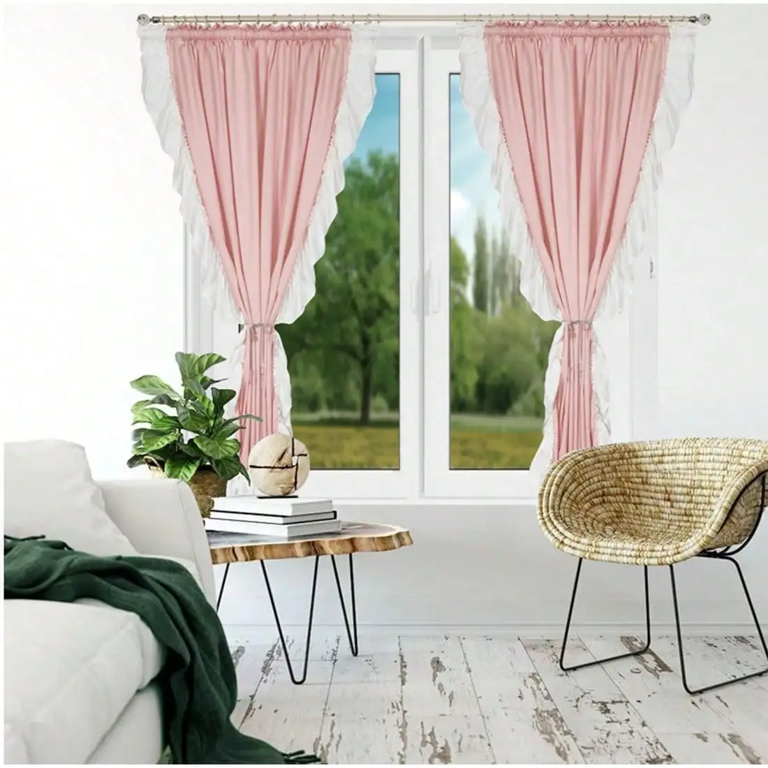 2er-Set, Rüschenvorhänge aus gebürstetem, hautfreundlichem Stoff – weich und bequem, elegant und romantisch