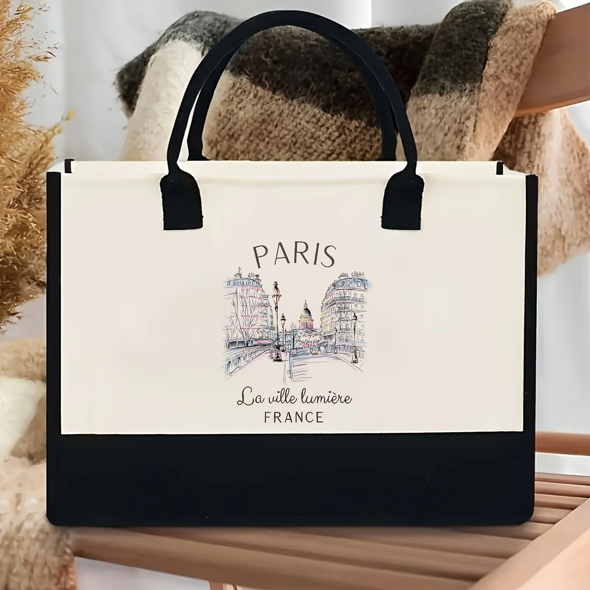 

Elegant Parisian Cityscape Tote Canvas Handles No Closure Casual Style Tote Durable Handle Tote Large Capacity Shopping Bag