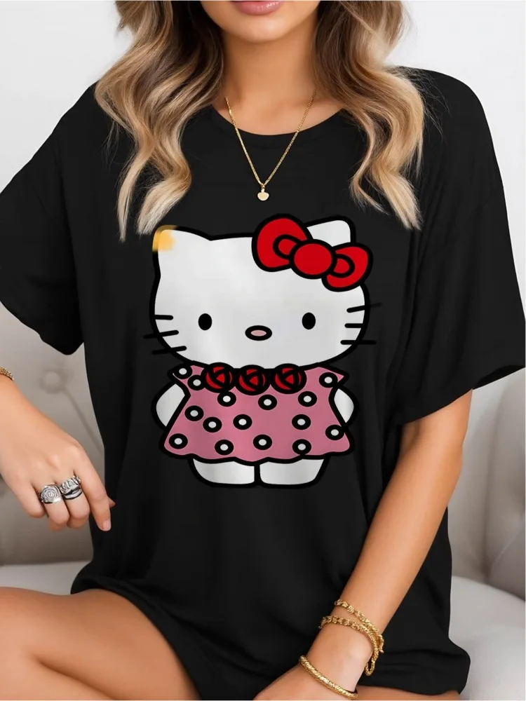 سانريو مرحبا كيتي المرأة تي شيرت مرحبا كيتي نمط قصيرة الأكمام الوردي البولكا نقطة فستان مع القوس الأحمر طباعة لطيف تنفس #1