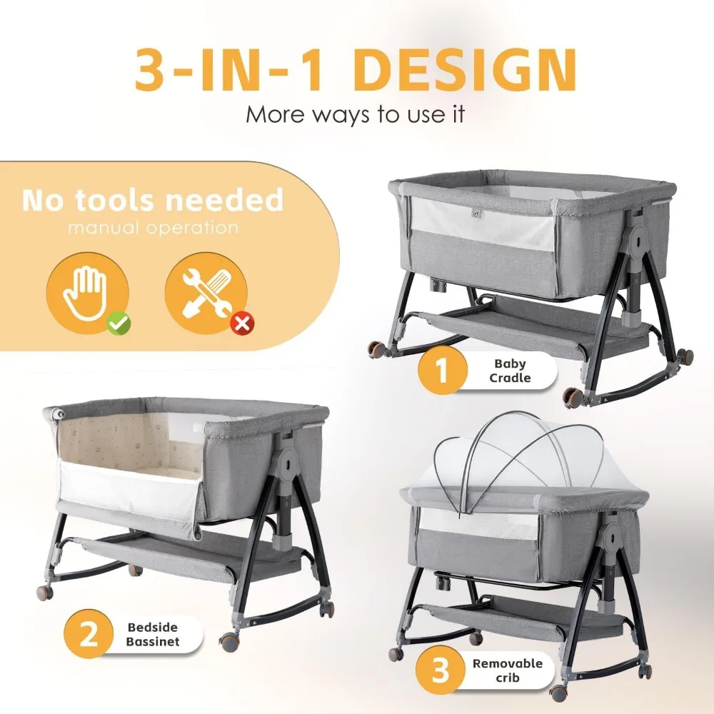 Bedside Crib 3 in 1 Bassinet with Quick Height Adjustment and Mosquito Nets Rocking Bassinet