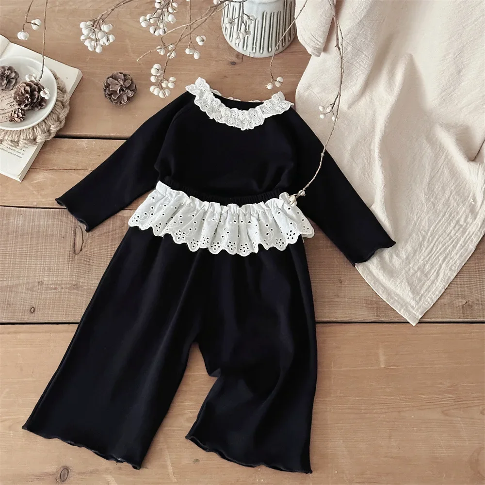 Baby Girls' 2Pcs Outfit Ruffled Lace Collar Long Sleeve Top Loose Pants Korean Style Spring Autumn Clothing for Kids