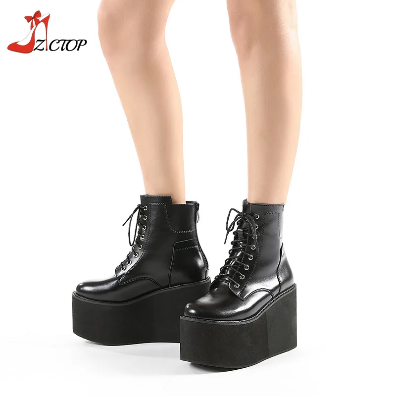 Botas de tornozelo pretas góticas para mulheres, fundo grosso, saltos altos, cunhas punk, sapatos femininos, botas, tamanho 43