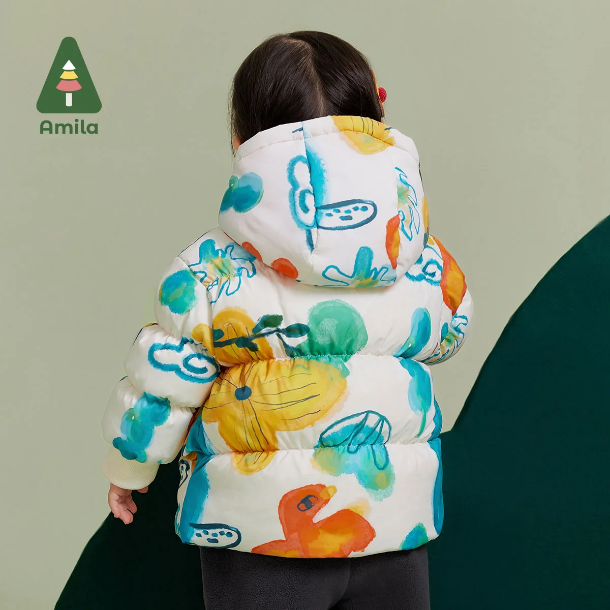 Amila Baby Girl Down Jacket 2024 Winter New Hooded Fleecing Soft Fashion Warm Printed  Baby Clothing