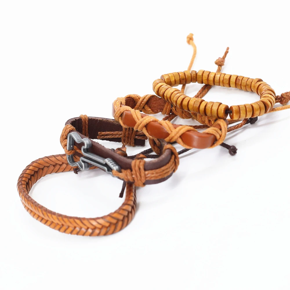 New Casual 4 Pcs/Set Khaki Leather Woven Guitar Charm Bracelets Men Women Homme Male Wholesale Jewelry