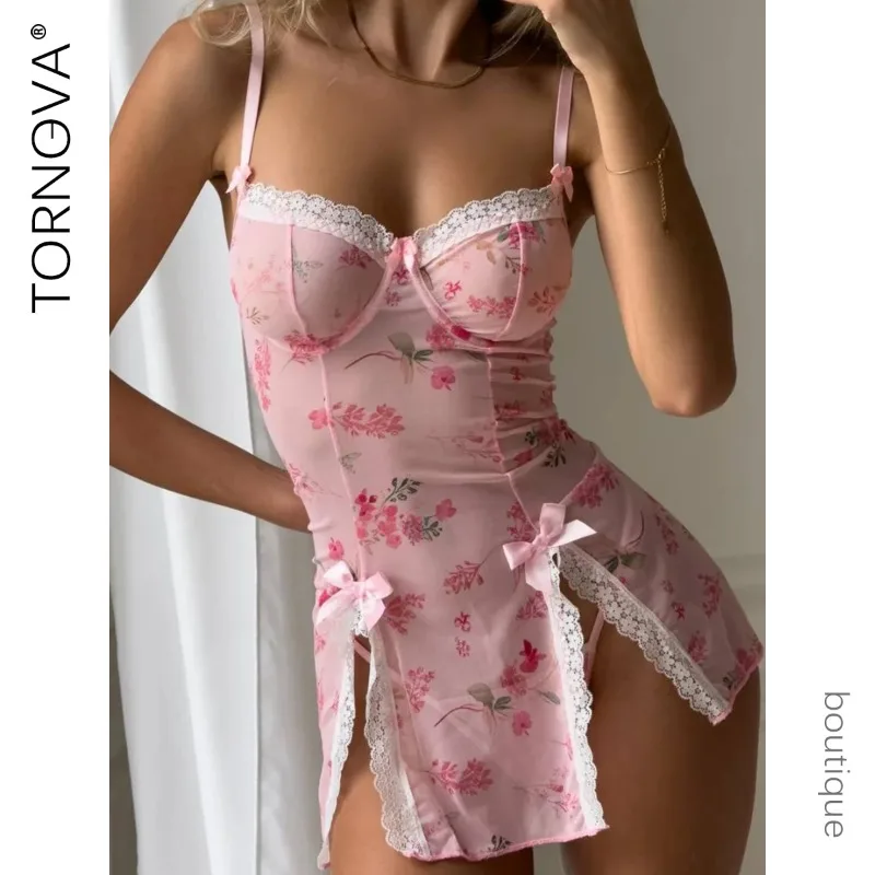 

Tornova Сетка Сломанные Цветы Сексуальная Ночная Юбка Трусики Комплект 2 ШТ. Бант Узел Шнуровка Выдалбливают Цветочный Прозрачный Кружева Интересный Комплект