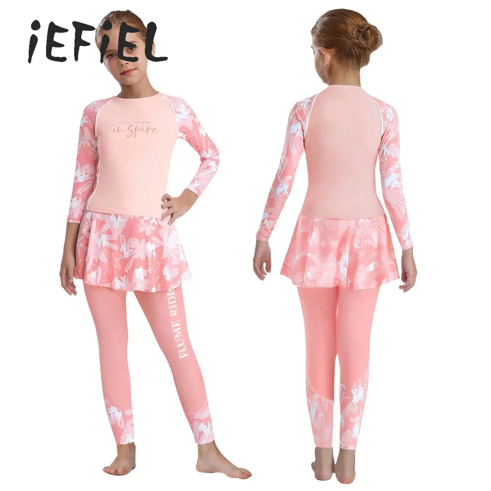 

Full Cover Girls Swimsuit Kids Swimwear Muslim Islamic Long Sleeve Floral Beach Dress and Leggings Bathing Swimming Beachwear