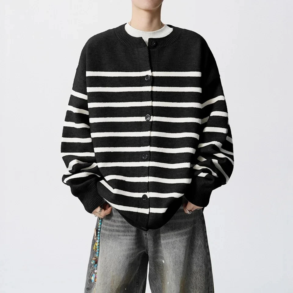 2025 New Academic Style Striped Cardigan Unisex Loose Casual Black White Color Block Versatile Sweater