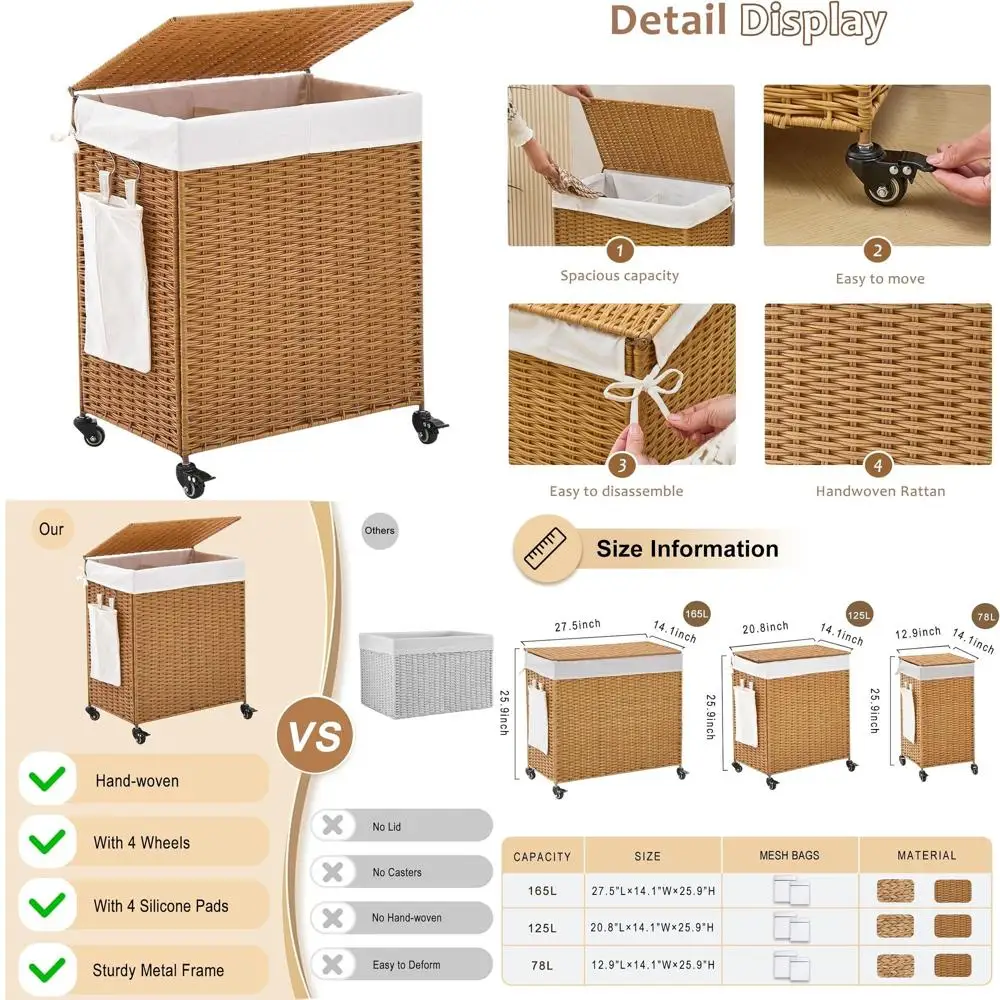 

Корзина для белья на колесиках из ротанга с крышкой и моющимся вкладышем, объем 125 л, для хранения белья и вещей в спальне или ванной комнате