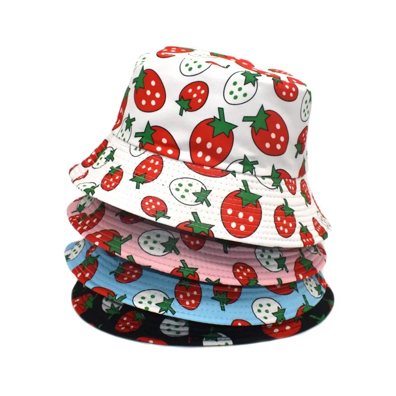 Amber Strawberry Print Bucket Hat Cartoon Fruit Panama Fisherman Hats Double Sides Reversible Foldable Pink Girly Summer Cap