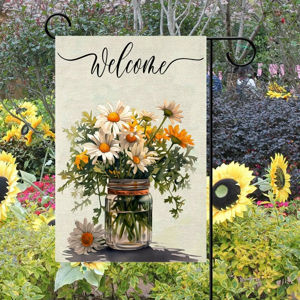 Spring Summer Floral Garden Flag,Daisy Jar Arrangement Vase Welcome Garden Flag, 12 x 18 Inch Double Sided Vertical Burlap Summe