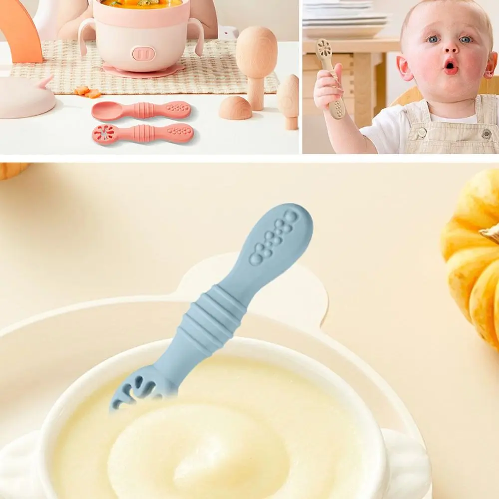 2PCS Soft Silicone Baby Learning Spoons Kitchen Cute Eating Helper Infant Feeding Spoon Feeding Tableware Training Spoons
