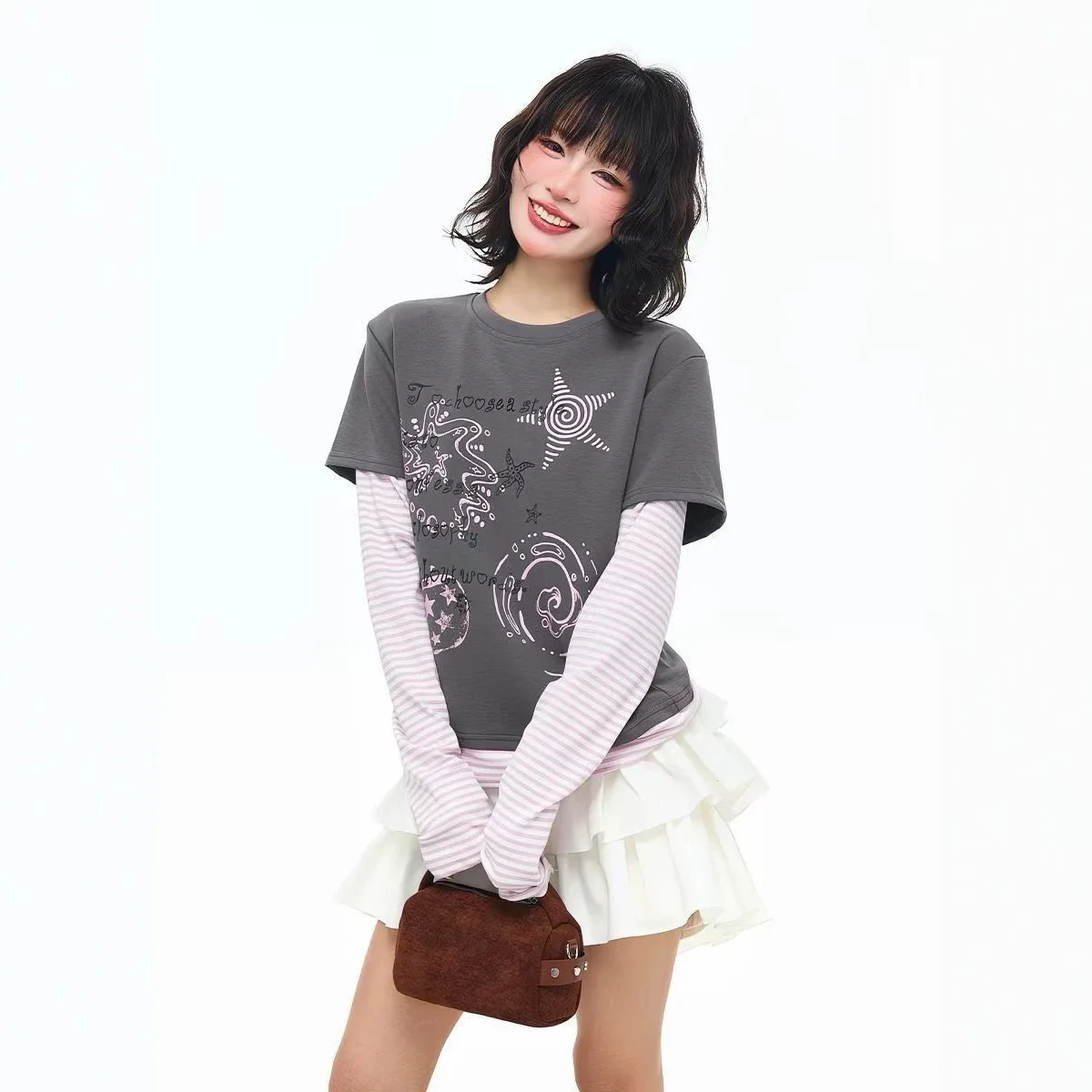 Preppy Dark Grey Galaxy Print Fake 2-piece Top For Women Striped Long Sleeve Slim T-shirt Y2K Retro Casual Daily Autumn Blouse