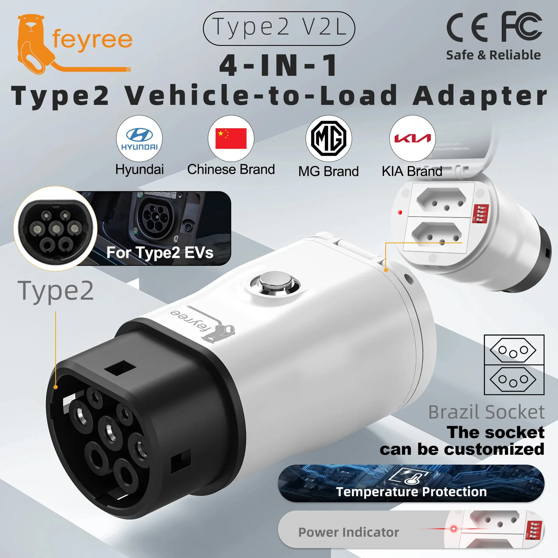 Type 2 V2L Discharge Gun 16A Portable EV Power Adapter with EU/UK/AU Plugs for Tesla BYD Kia Hyundai