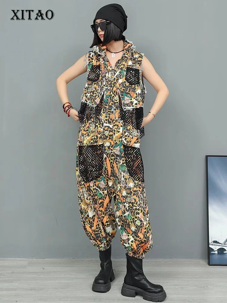 

XITAO Patchwork Mesh Pocket Lapel Two Piece Jumpsuit Women Casual Loose Fitting Sleeveless Top Personality Summer GYX1611