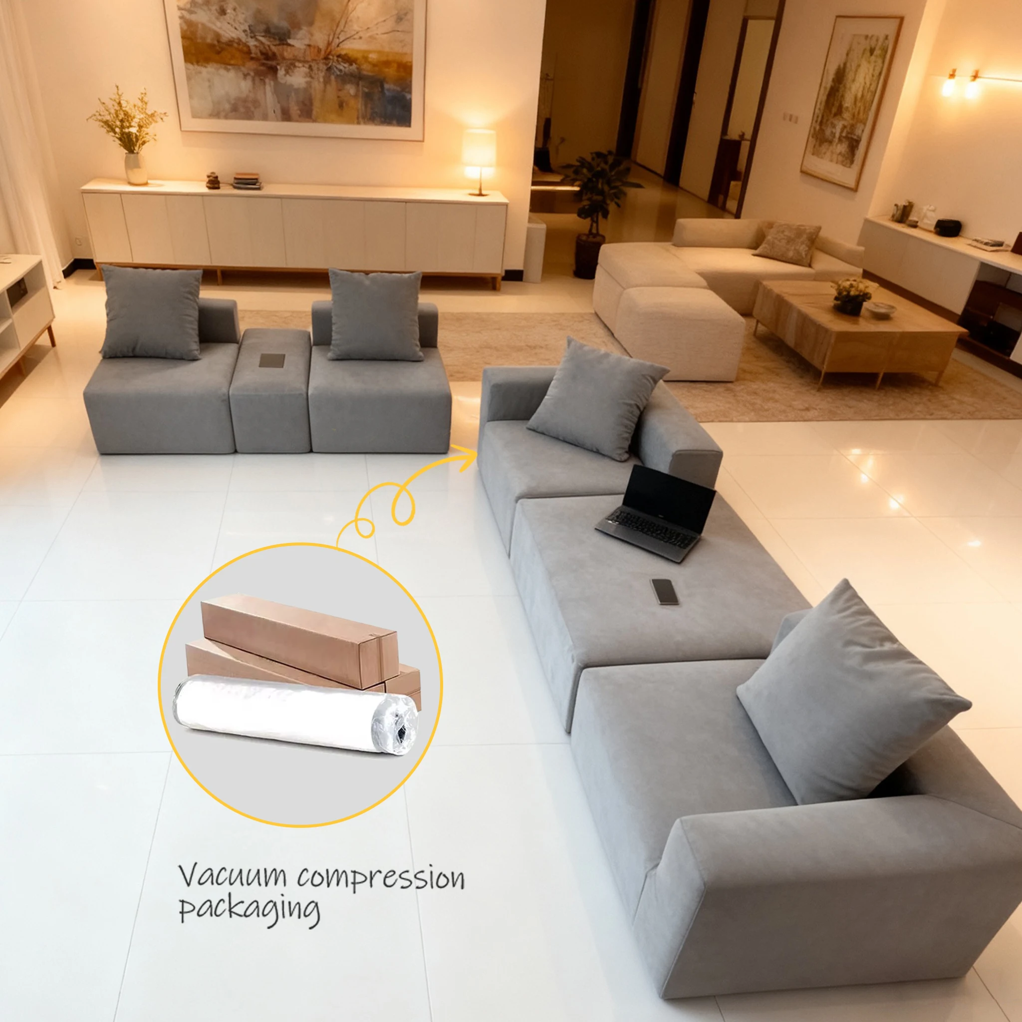 طقم أريكة وحدات بتصميم عصري، أريكة تجميع التعبئة والتغليف المفرغة لمجموعة أريكة ضغط غرفة المعيشة في الشقة