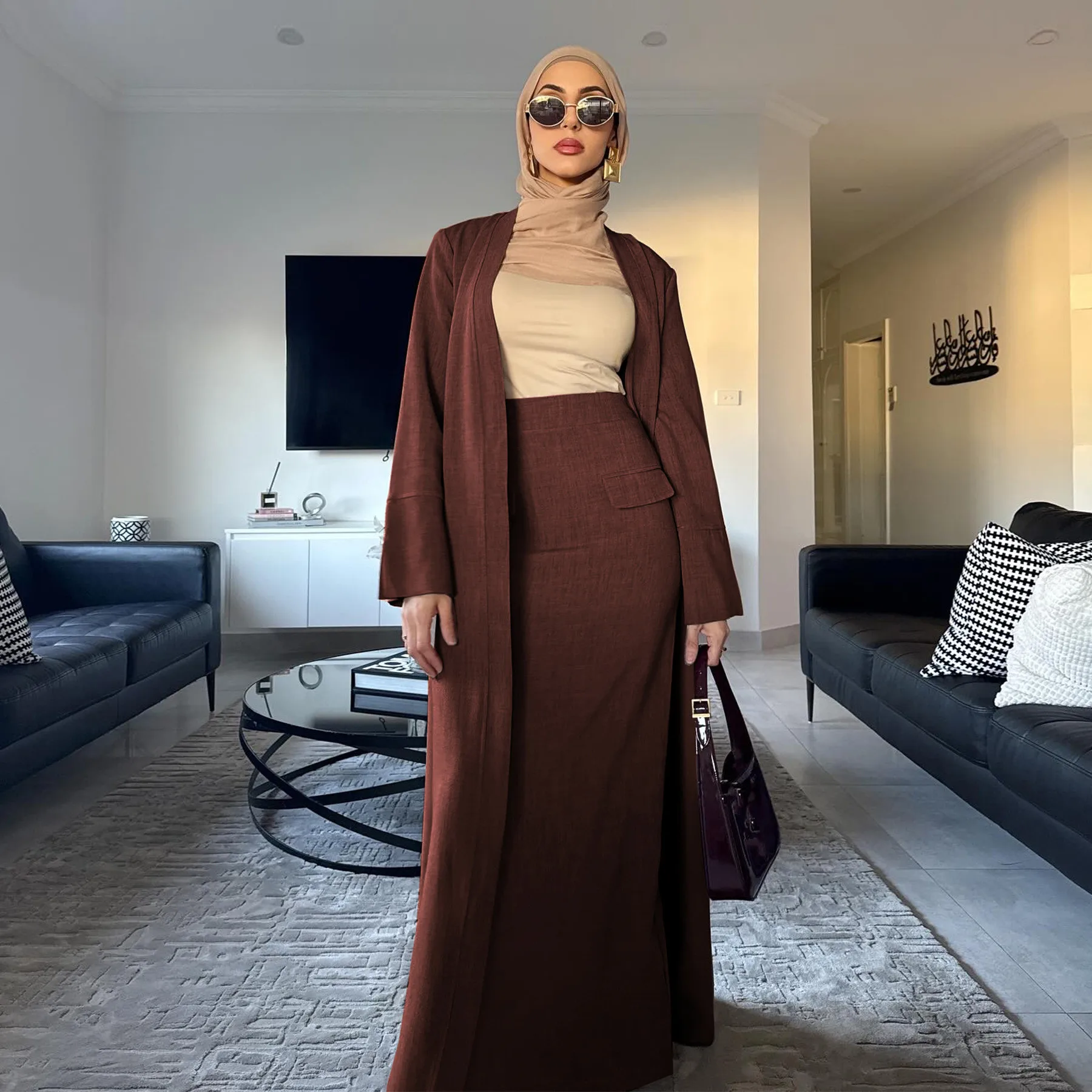 Eid Ensembles Musulmanes Femmes Kimono Cardigan Jupe 2 Pièces Robe Turquie Tenue Islam Vêtements Dubaï Abaya Costume Ensemble Femme Musulmane