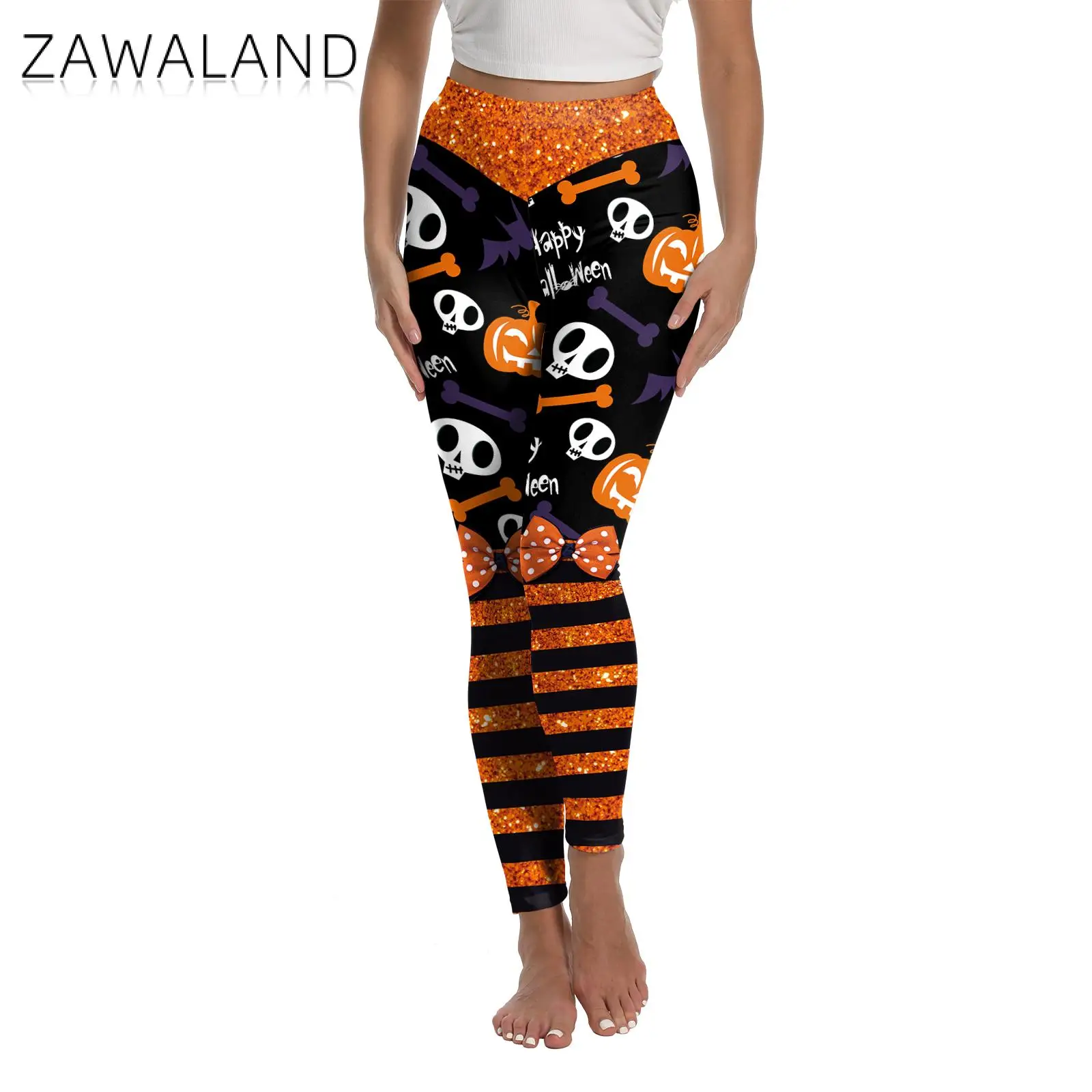 Zawaland ผู้หญิงเทศกาลฮาโลวีนกางเกงขายาว Glitter เข็มขัดกราฟิกกางเกงฟักทองรูปแบบกะโหลกศีรษะเซ็กซี่ Tights Lady Party ด้านล่าง