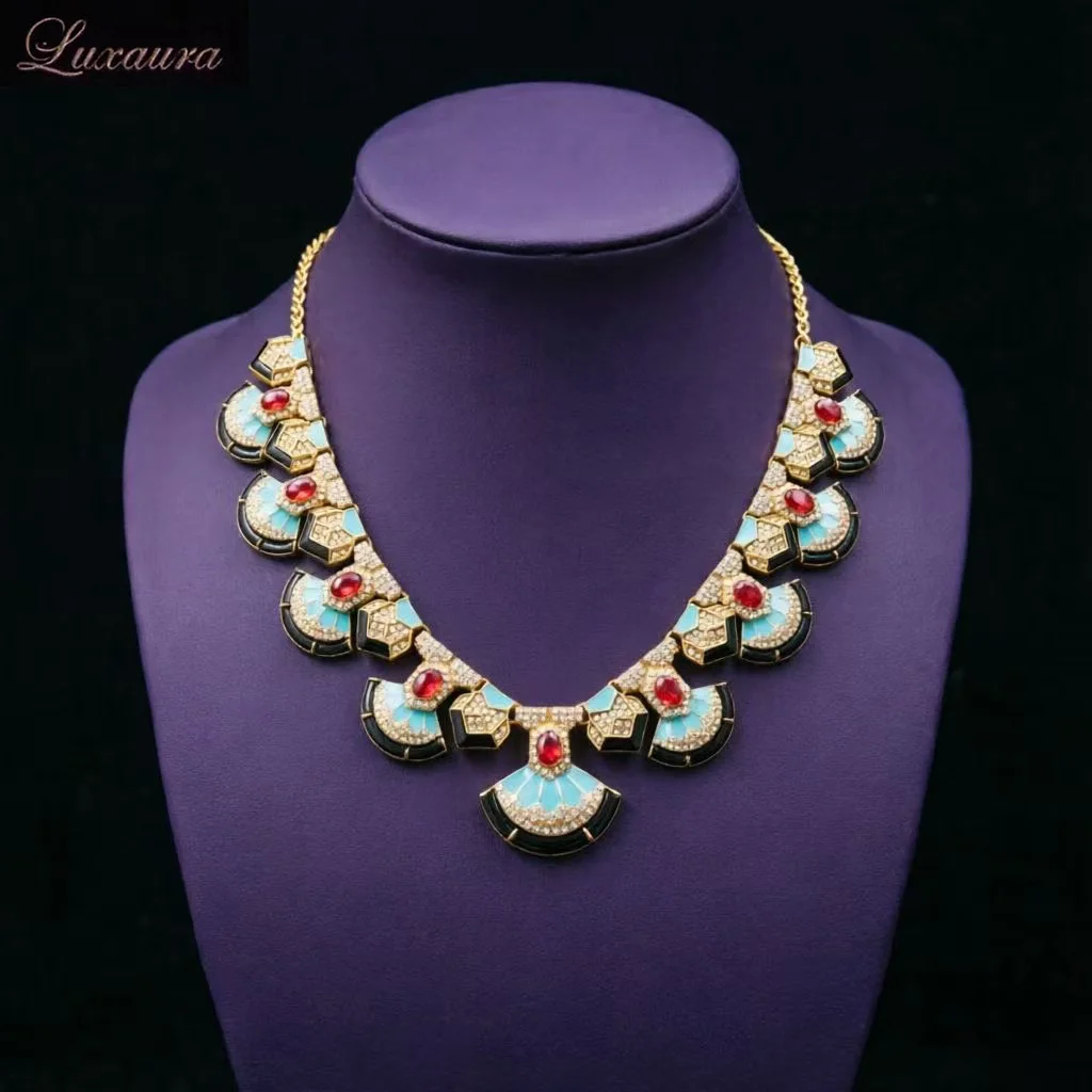 

Vintage jewelry featuring a fashionable and classic blue geometric necklace design paired with Bohemian style women's necklace