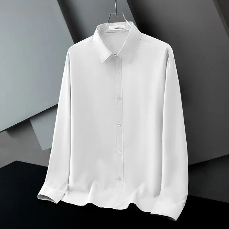 

2024 Spring and Autumn Business and Leisure Minimalist Flip Collar Silk Smooth Non Ironing Breathable Elastic Shirt for Men