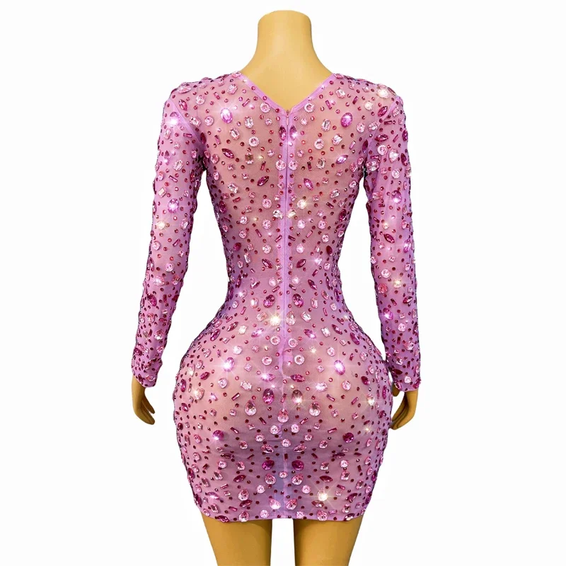 Ropa de baile de Jazz para mujer, vestido de fiesta con diamantes de imitación rosas, traje de noche Sexy con escote en V profundo, disfraz de Festival Dj Ds para club nocturno
