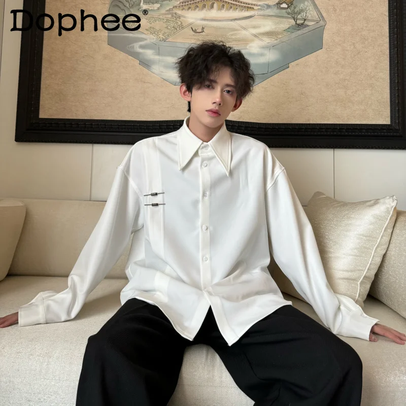 New Chinese Style White Lapel Single Row Multi-Buckle Shirts Boys High-End Male Handsome Long Sleeve Solid Color Shirt Coat