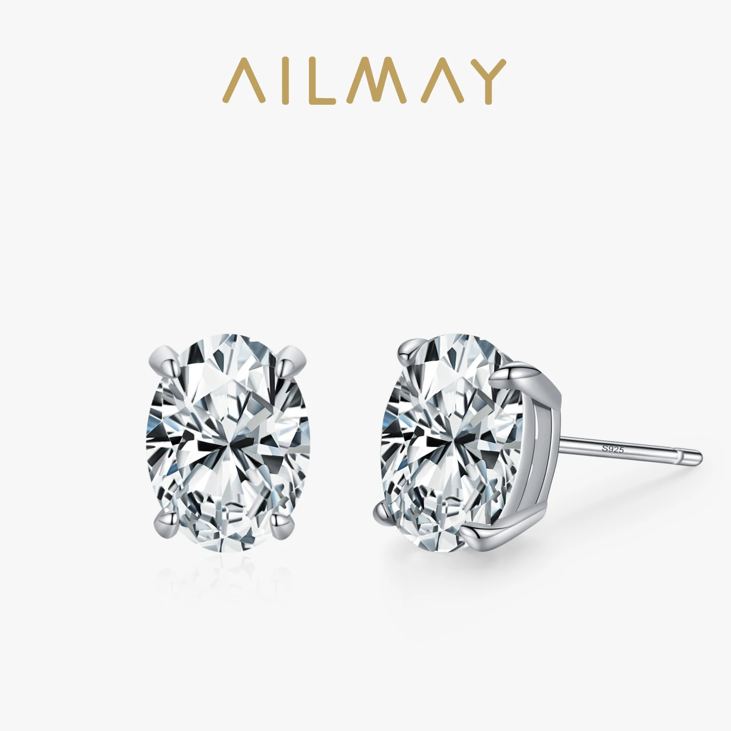 Ailmay Real 925 Sterling Silver Luxury Ellipse Shape 2ct Sparkling CZ Stud Earrings For Women Classic Wedding Statement Jewelry