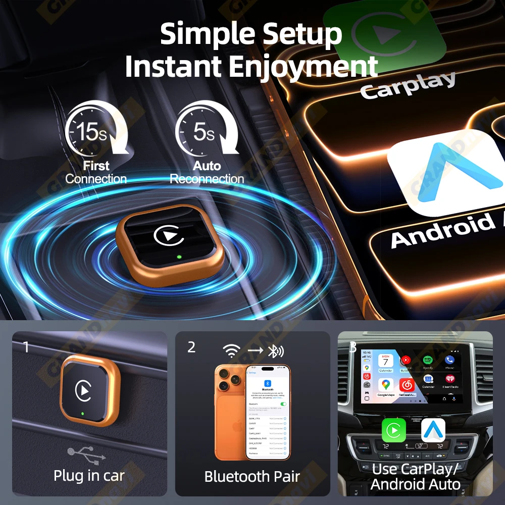 Orange 2IN1 Wireless Carplay Android Auto Adapter Smart Dongle für Volvo Benz Mg Kia Chery VW Honda Benz MG Haval Fiat – Detail 10