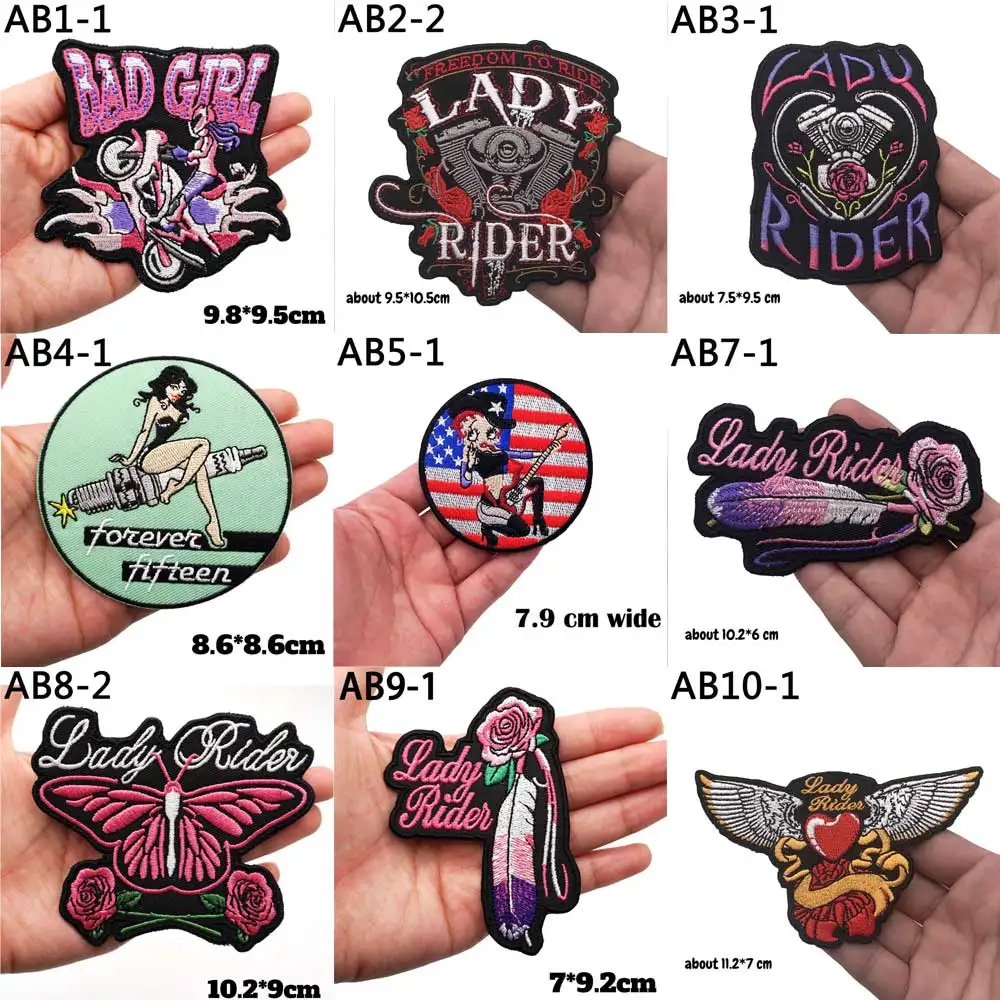 AB1-10 Lady Rider Embroidered Patches Motorcycle Knight Bad Girl Badge with Iron on Hook Backing for Clothing Applique