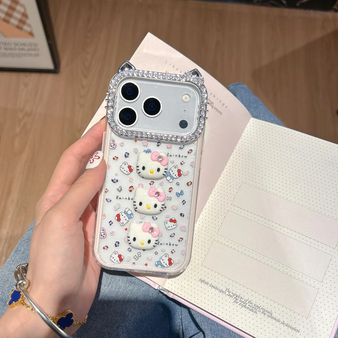 

Korean Cute 3D Cats Ear Diamond Cartoon stereoscopic Hello Kitty Phone Case for iPhone 13 14 15 Plus 16 17 Pro Max Cover