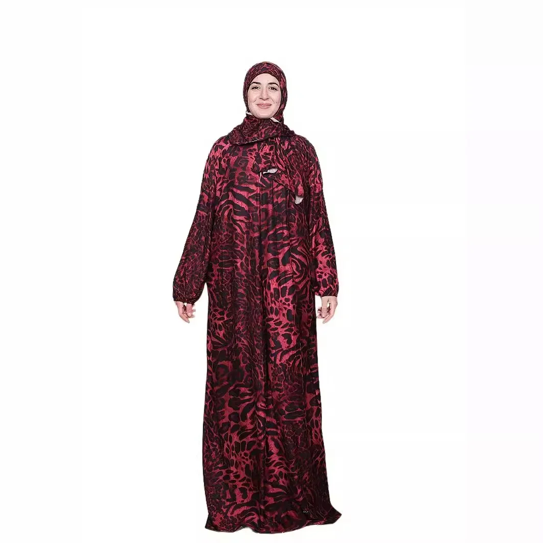 Muslim Prayer Dress Women Leopard Print Dresses Jalabiya Morocco Kaftan Eid Ramadan Arab Long Robe Scarf One Piece Vestidos