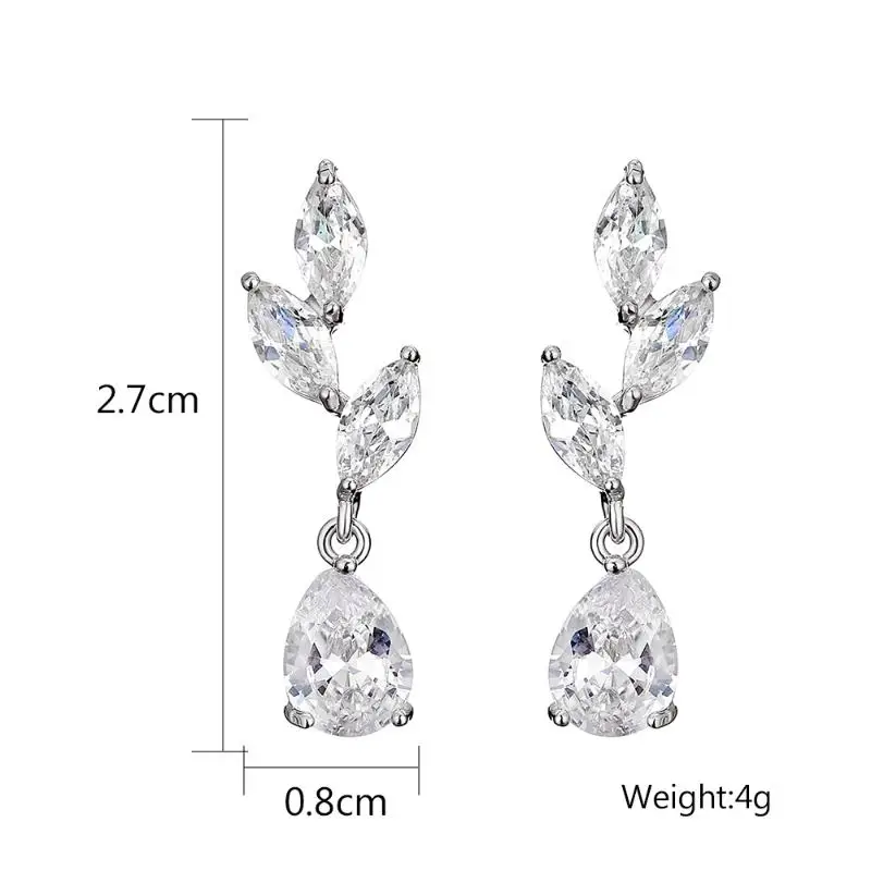 Uilz Classic Leaf Water Drop Zircon Earrings For Women Exquisite Compact Bridal Dress Earring Jewelry