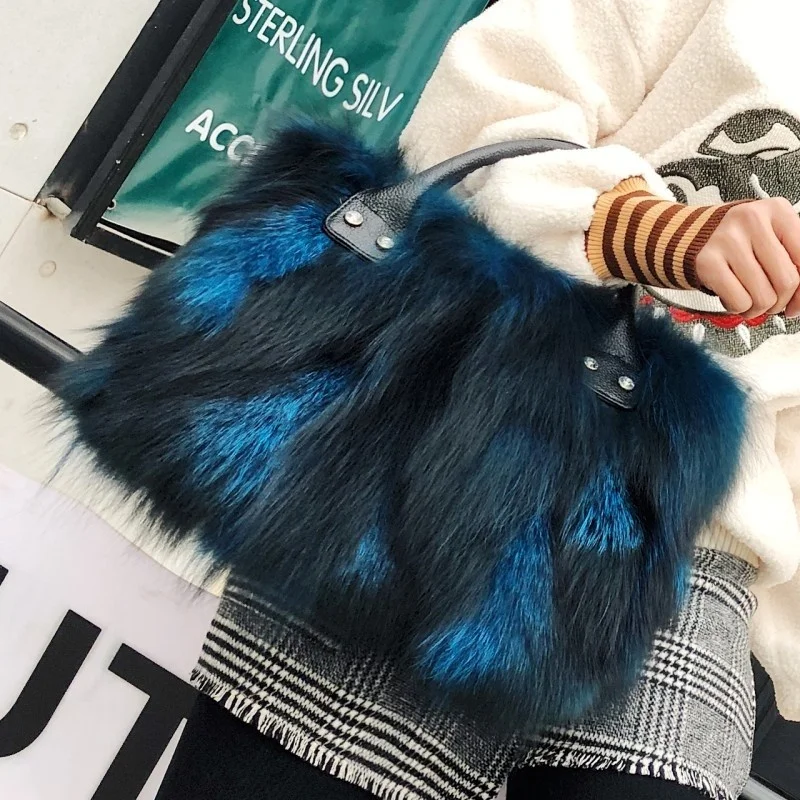 Fox Fur Bag Winter Women Fluffy Handbag Real Fur Bag Female Shoulder Crossbody Bag Evening Party Handbags Large Lady Clutch Bag